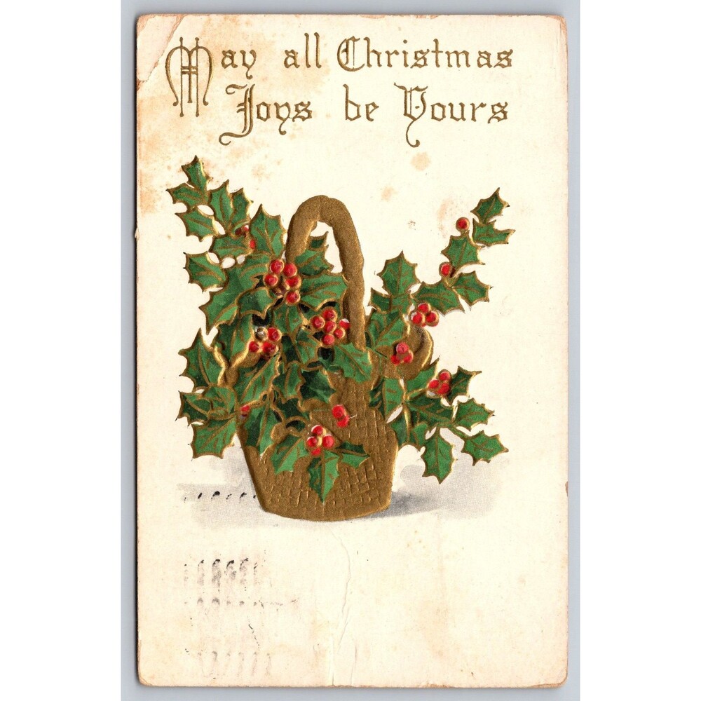 Antique Postcard Christmas Joys Holly Gold Basket Embossed Posted 1908 Maryland